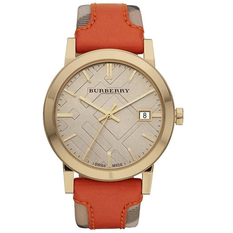 Burberry Women's Swiss Haymarket Check Fabric and Smooth Orange Leather Strap Women's Watch  BU9016 - The Watches Men & CO