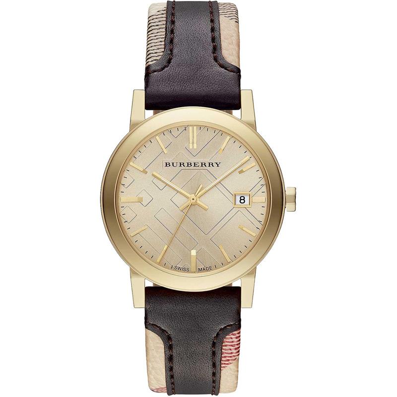 Burberry Men’s Swiss Made Quartz Black Check Stamped Leather Strap Gold Dial Men's Watch  BU9032 - The Watches Men & CO