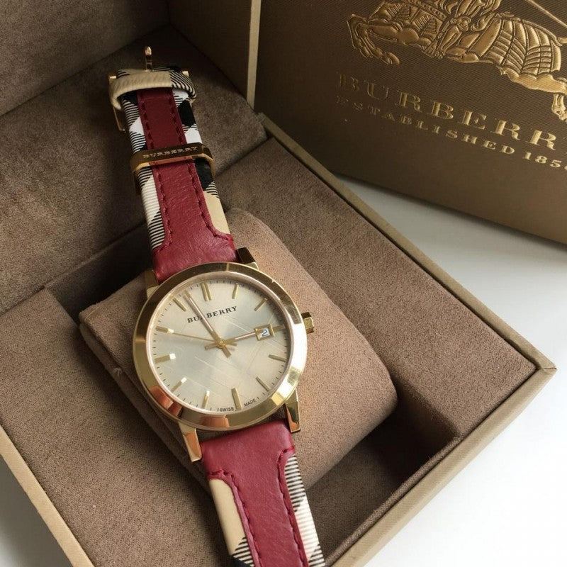 Burberry The City Check Maroon Leather Women's Watch BU9017