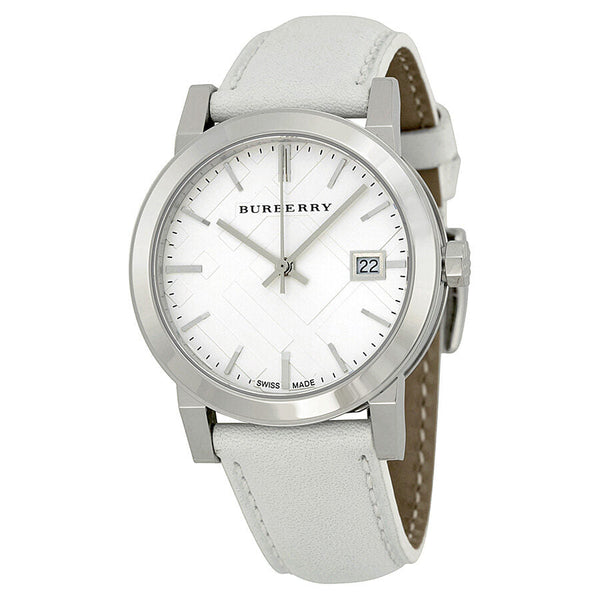 Burberry White Impressed Check Dial White Leather Strap Ladies Watch BU9128 - The Watches Men & CO