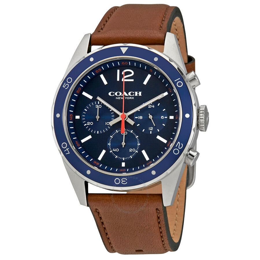 Coach Sullivan chronograph men's watch with blue dial, stainless steel case, and brown leather strap