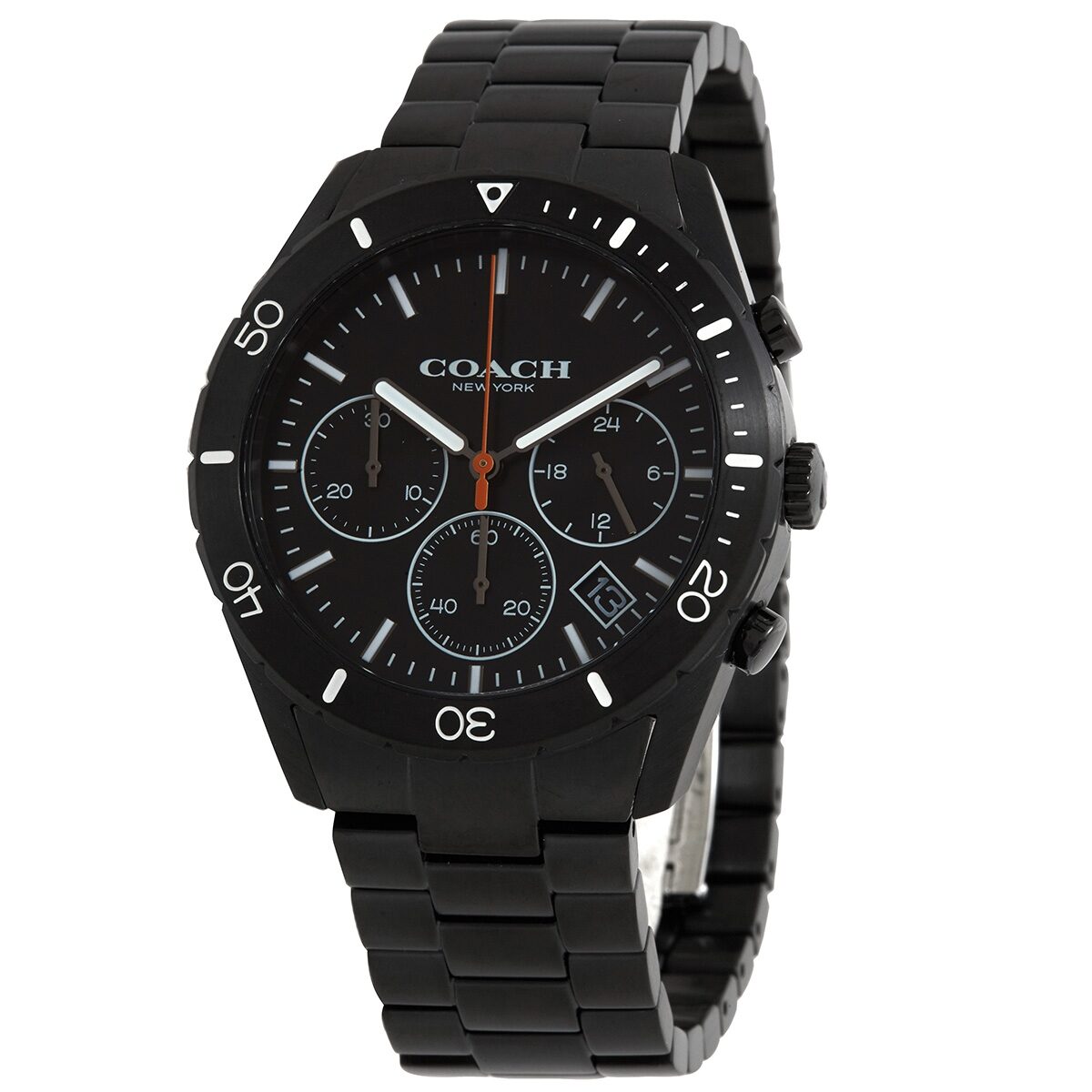 Coach Thompson Chronograph Quartz black dial men's watch with three subdials and orange accents
