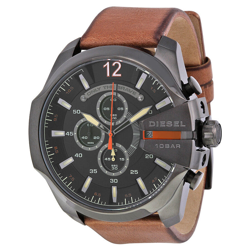 Diesel Mega Chief Black Dial Brown Leather Men's Quartz Watch #DZ4343 - The Watches Men & CO