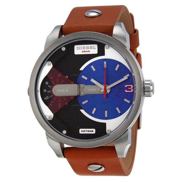 Diesel Mini Daddy Blue and Black Dial Tan Leather Men's Watch #DZ7308 - The Watches Men & CO