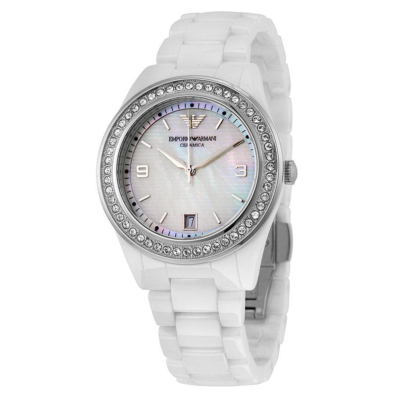 Emporio Armani Crystal Mother of Pearl Dial Ladies Watch AR1426 - The Watches Men & CO