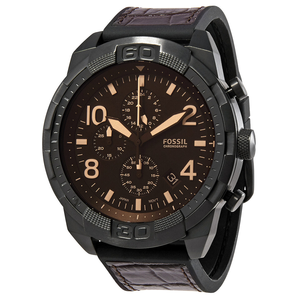 Fossil Bronson chronograph watch with brown dial, black case, and rose gold numerals