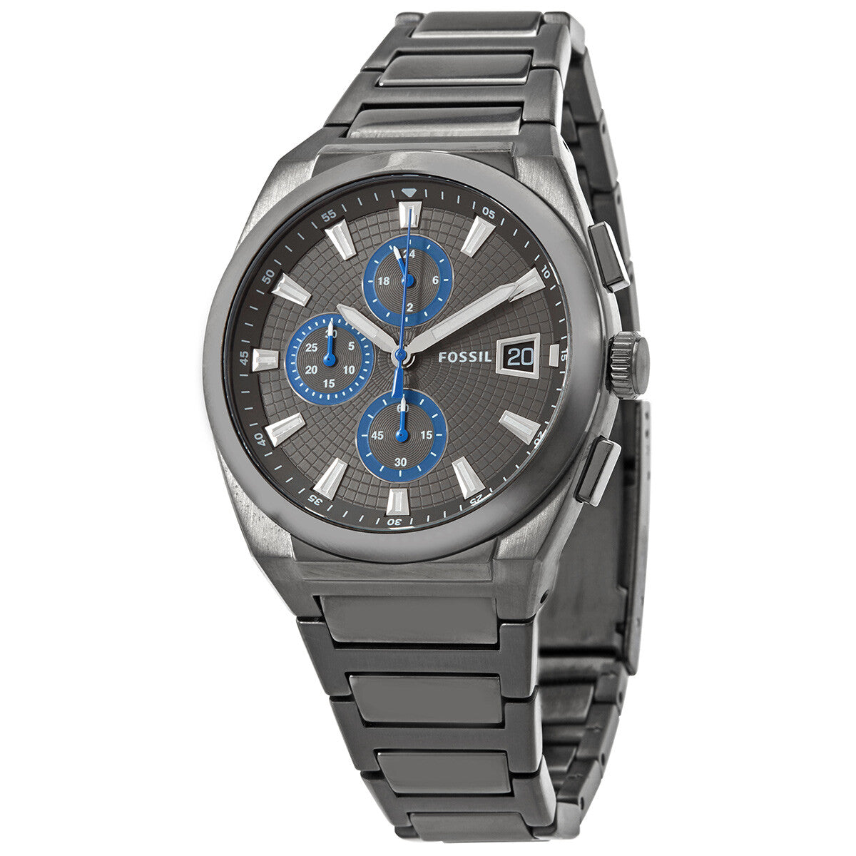 Fossil Everett chronograph men's watch with grey dial and blue subdials, stainless steel band