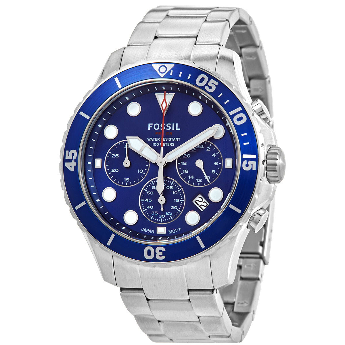 Fossil FB-03 chronograph quartz men's watch with blue dial, blue bezel, chronograph subdials, and stainless steel bracelet
