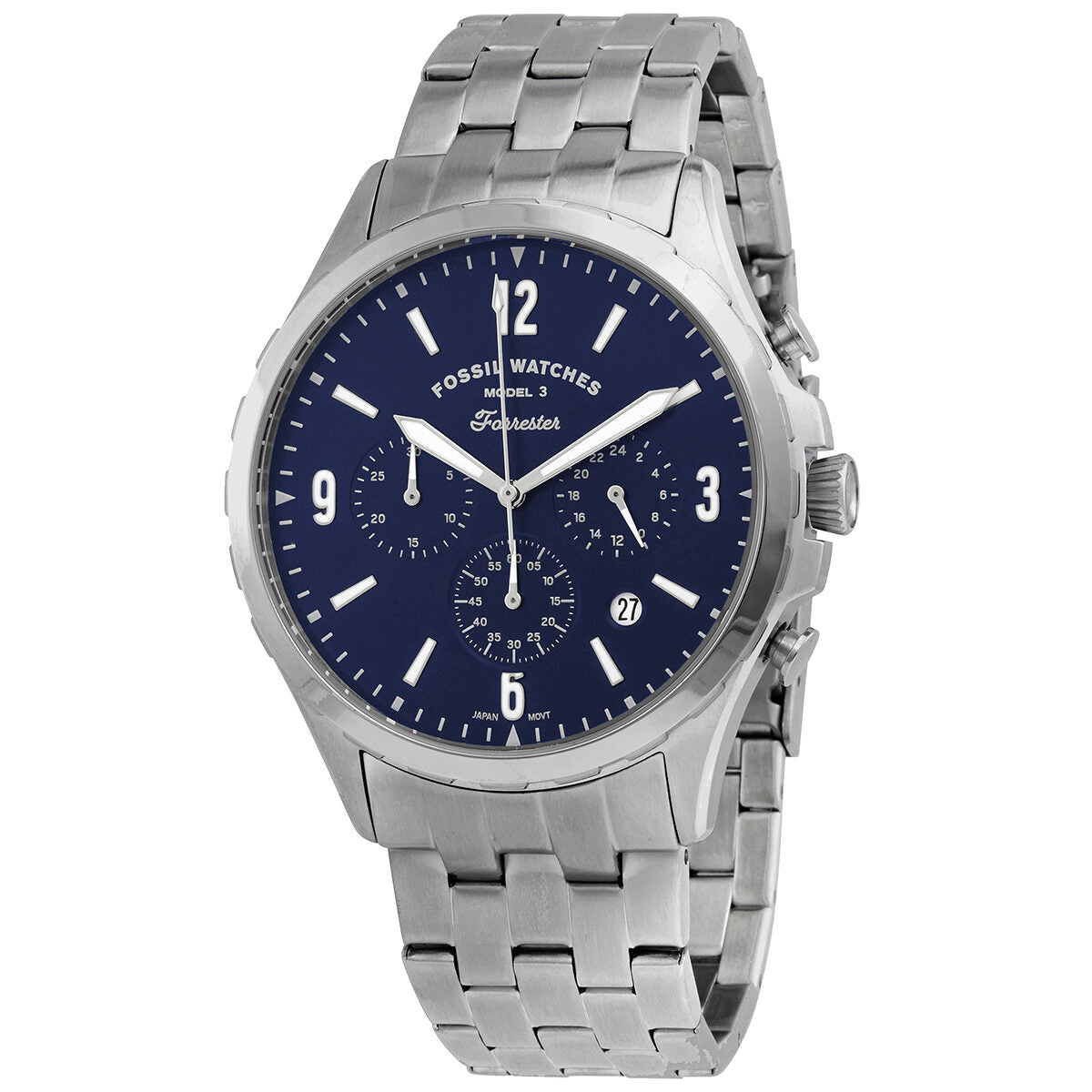 Fossil Forrester chronograph watch with blue dial, silver stainless steel case and bracelet, white hour markers and hands