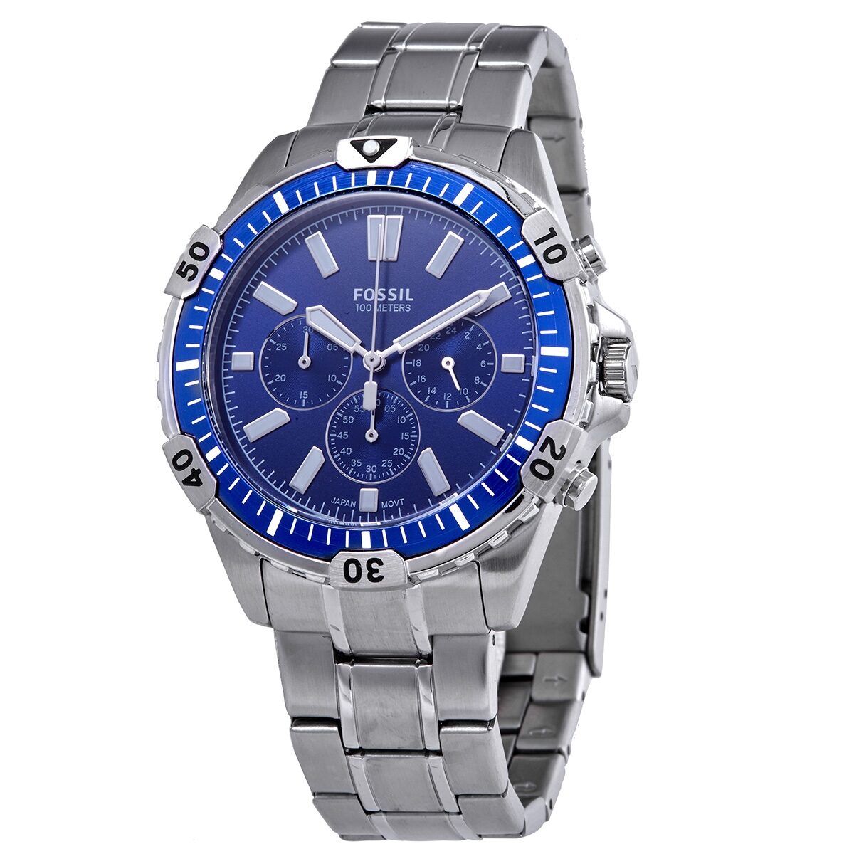 Fossil Garrett chronograph watch with blue dial and silver stainless steel bracelet