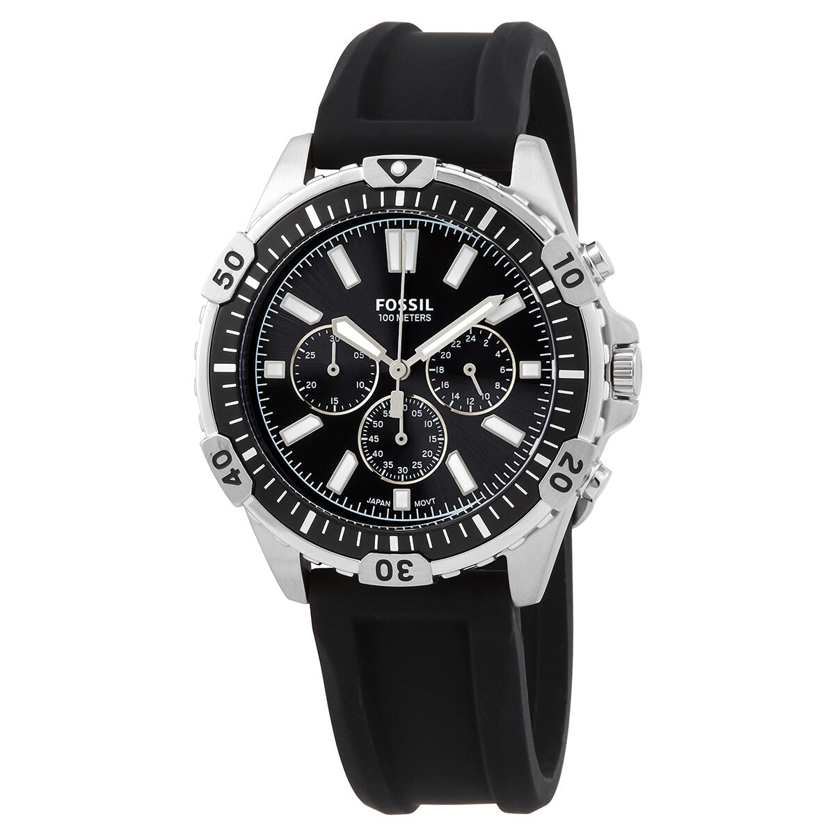 Fossil Garrett chronograph men's watch with black dial, silver case, and black silicone strap