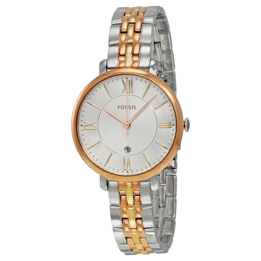 Fossil Jacqueline ladies watch with silver dial, rose gold bezel, Roman numerals, and two-tone bracelet