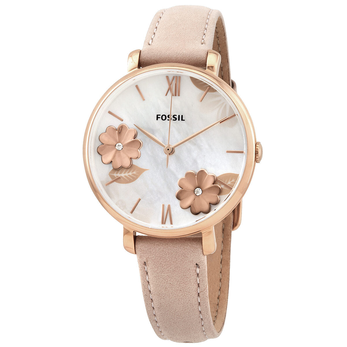 Fossil Jacqueline white dial quartz watch with rose gold case and nude leather strap