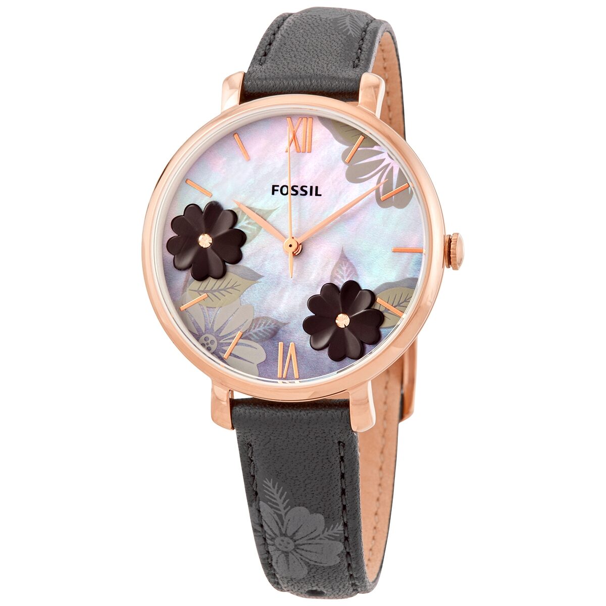 Fossil Jacqueline quartz ladies watch with floral dial, rose gold case and gray leather strap