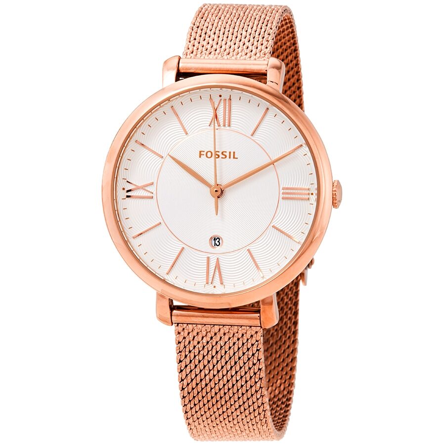 Fossil Jacqueline rose gold-tone watch with silver dial and Roman numerals on mesh strap