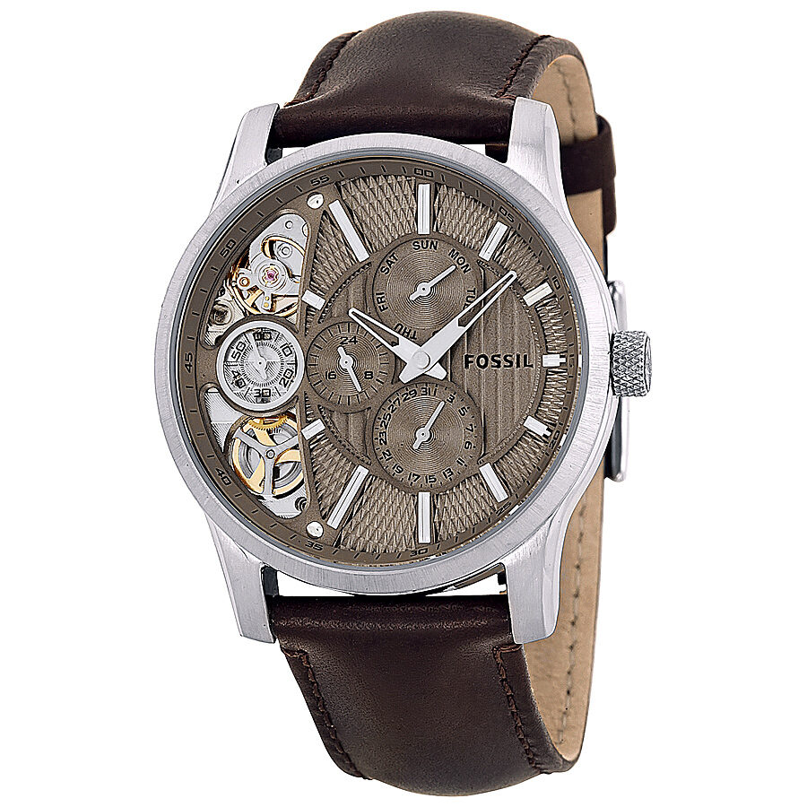 Fossil ME1098 men's watch with taupe skeleton dial, stainless steel case, and brown leather strap