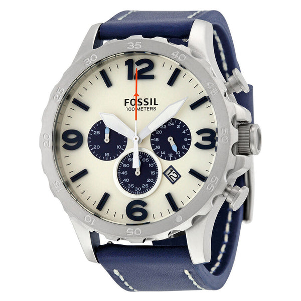 Fossil Nate Chronograph Beige Dial Navy Blue Leather Men's Watch JR1480 - The Watches Men & CO