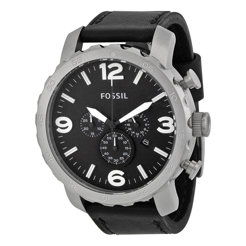 Fossil Nate Chronograph Black Dial Black Leather Men's Watch JR1436 - The Watches Men & CO