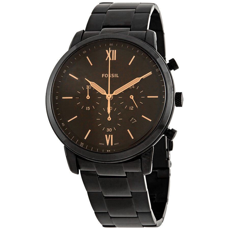 Fossil Neutra chronograph watch with black dial, rose gold hands and indices, stainless steel bracelet
