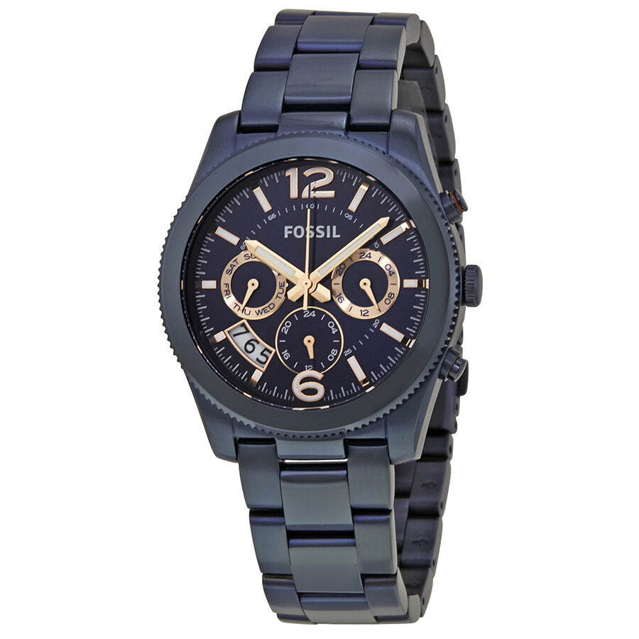 Fossil Perfect Boyfriend watch with navy blue dial, gold-tone hands, and blue stainless steel bracelet