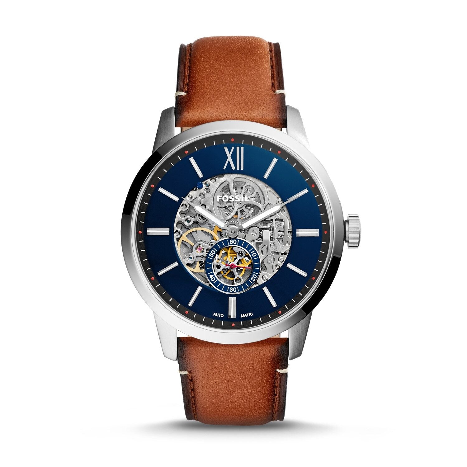 Fossil Townsman automatic skeleton watch with blue dial and brown leather strap