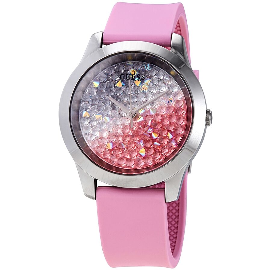 Guess Crush ladies watch with silver case, floating pink and clear crystals on dial, pink strap