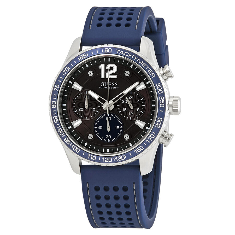 Guess Fleet Chronograph black dial men's watch with silver case and blue rubber strap