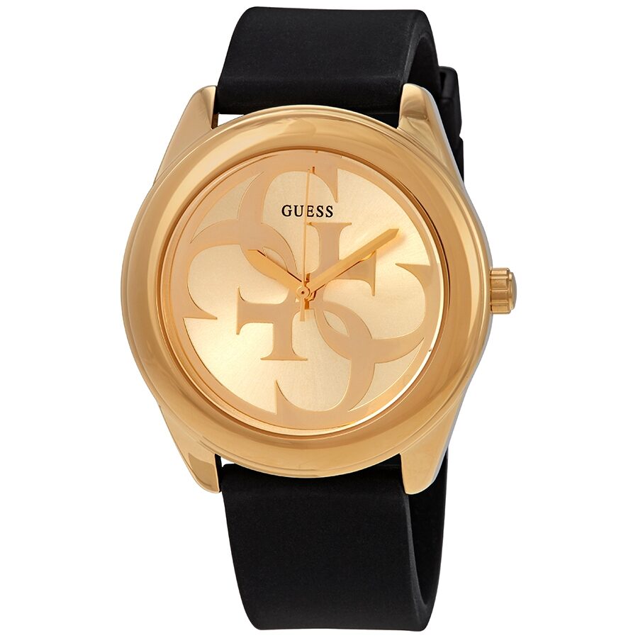 Guess G-Twist Gold Dial Black Leather Ladies Watch W0911L3 - The Watches Men & CO