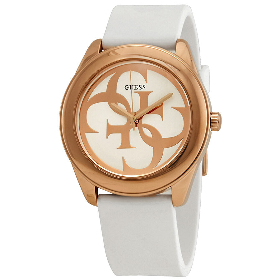 Guess G-Twist ladies watch with rose gold case, silver dial with logo, and white silicone strap
