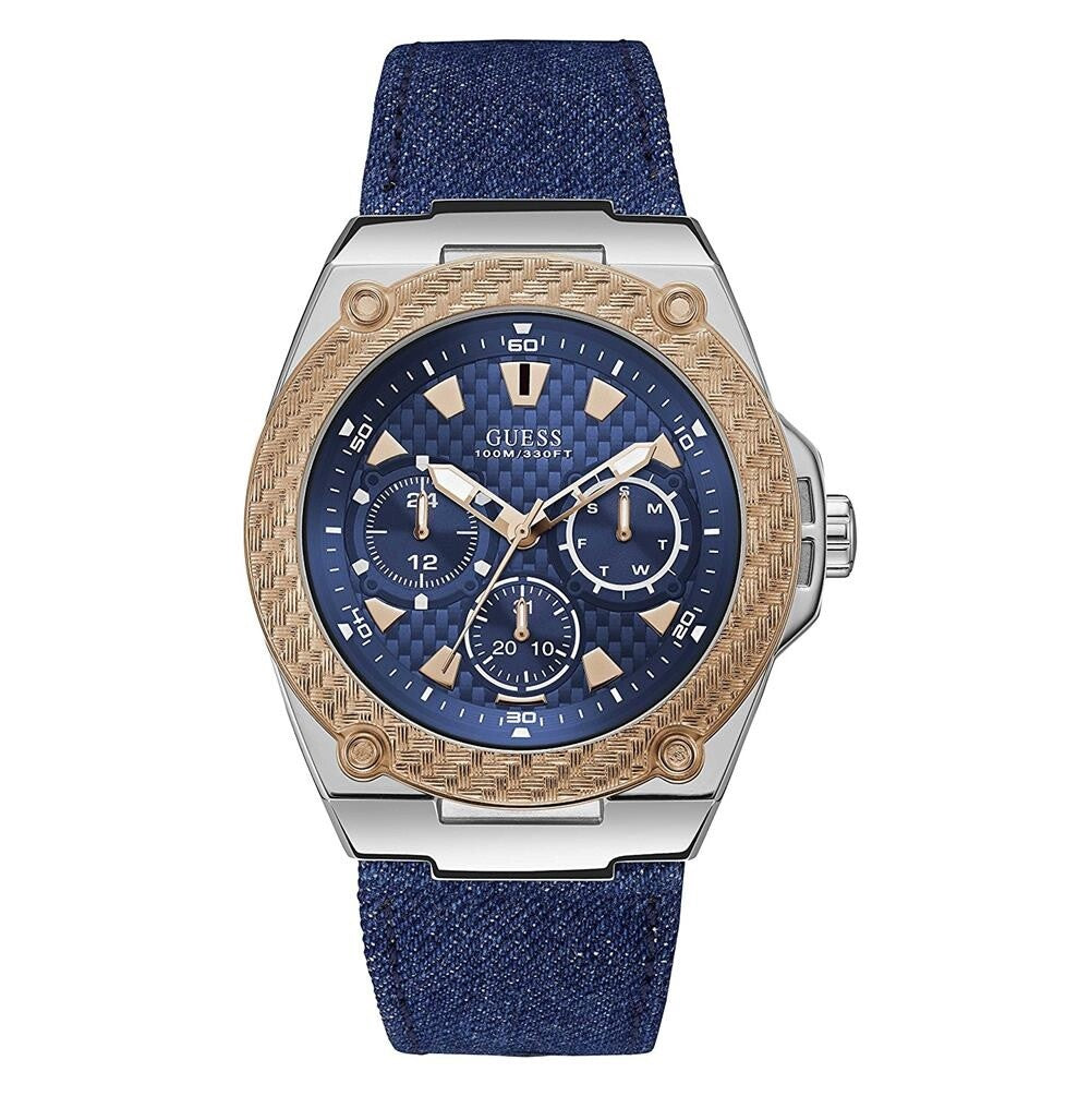 Guess Legency quartz chronograph men's watch with blue dial and denim strap
