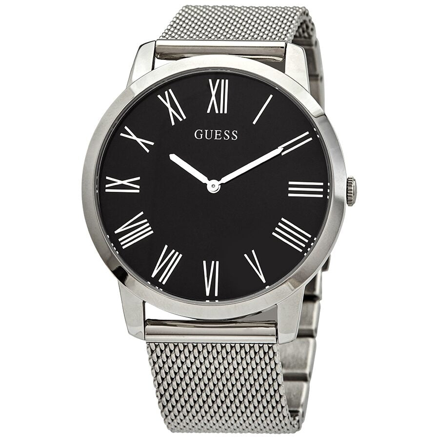 Guess Only Time ladies watch with black dial, Roman numerals, and silver mesh bracelet