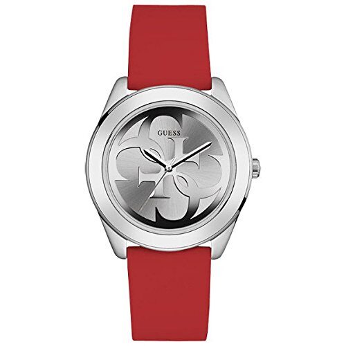 Guess ladies watch with grey dial, silver case, and red rubber strap