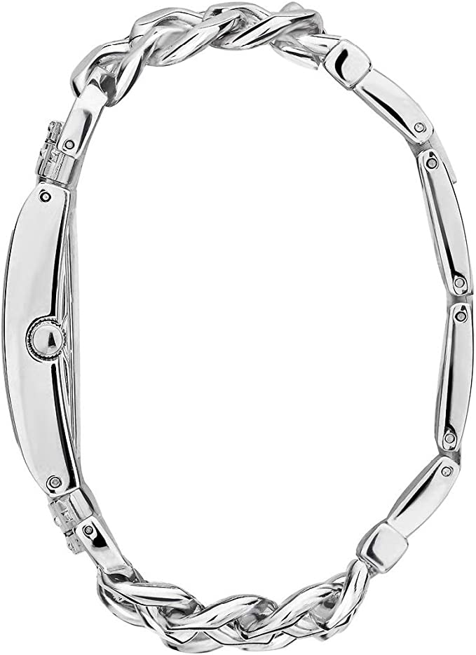 Guess W1117L1 silver watch worn, showing chain-link bracelet and rectangular case