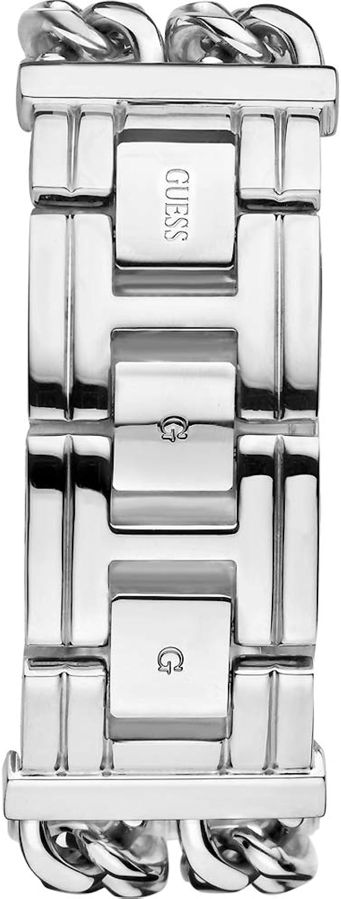 Guess W1117L1 watch case side view with chain-link bracelet detail