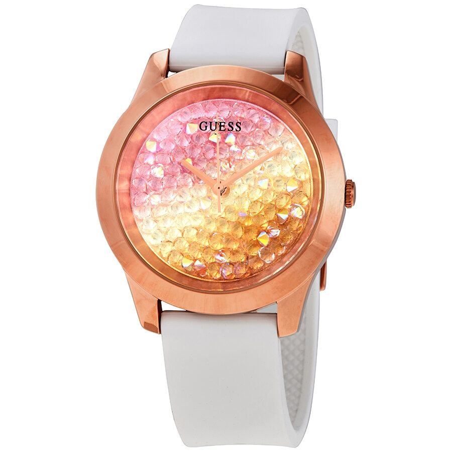 Guess W1223L3 gold-tone women's watch with crystal bezel and white strap, pink and gold sparkling dial
