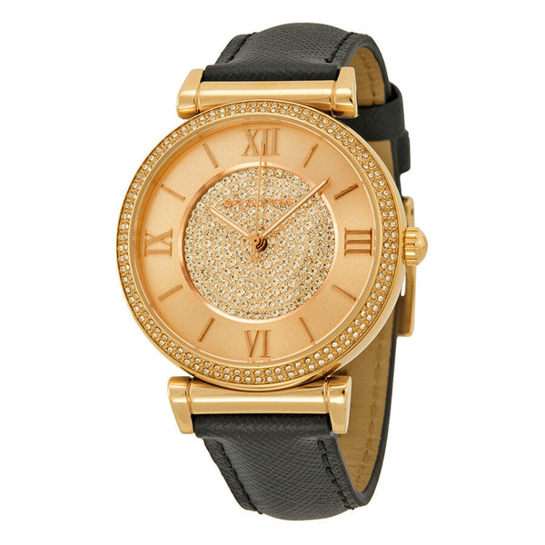 Michael Kors Catlin  Rose Crystal-set Black Leather Ladies Watch MK2376 - The Watches Men & CO