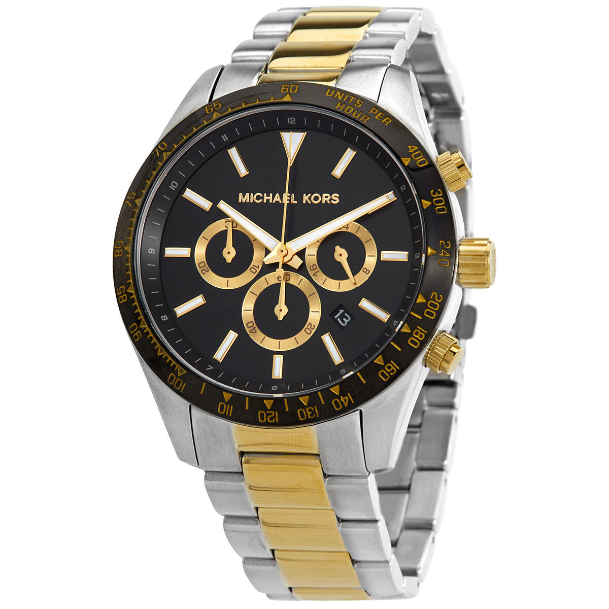 Michael Kors Layton chronograph watch with black dial, gold subdials, and two-tone bracelet