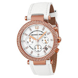 Michael Kors Parker Chronograph Rose Gold-tone White Leather Ladies Watch #MK2281 - The Watches Men & CO