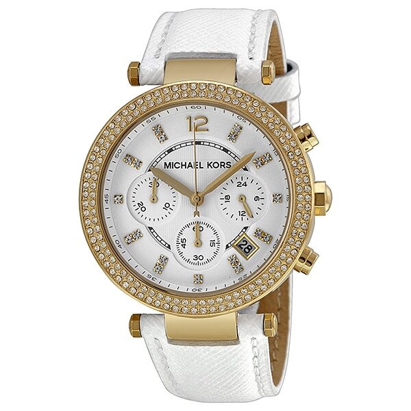 Michael Kors Parker Chronograph Yellow Gold-tone White Leather Ladies Watch #MK2290 - The Watches Men & CO