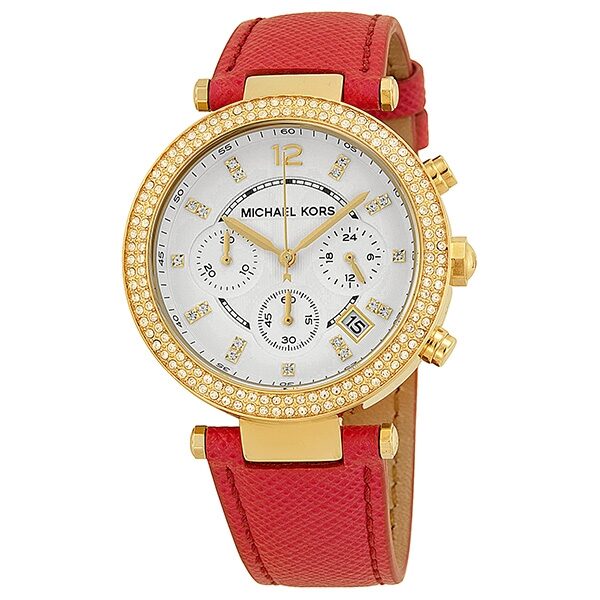 Michael Kors Parkers Chronograph White Dial Pink Leather Ladies Watch #MK2297 - The Watches Men & CO