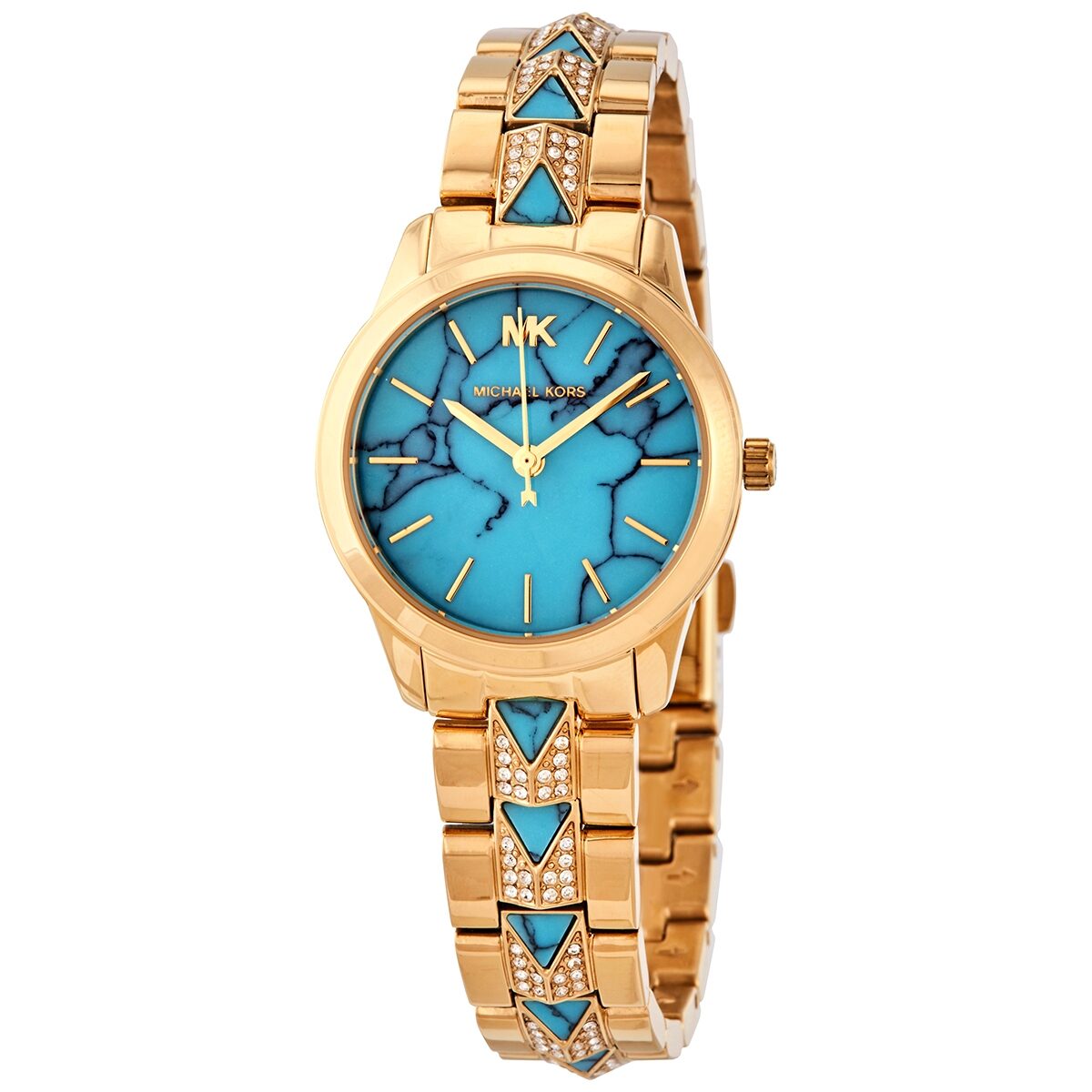 Michael Kors Petite Runway Mercer quartz ladies watch with turquoise dial and gold-tone case