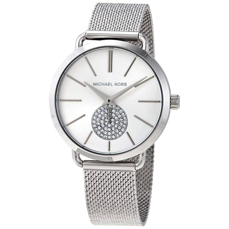 Michael Kors Portia silver dial ladies watch with crystal-embellished subdial and mesh bracelet