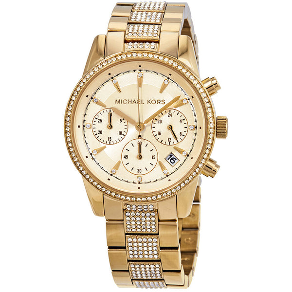 Michael Kors Ritz Pave Chronograph Crystal Gold Dial Ladies Watch MK6484 - The Watches Men & CO