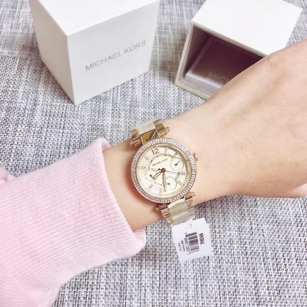 Michael Kors Parker Multi-Function Champagne Dial Gold-tone and Horn Accetate Ladies Watch MK5842