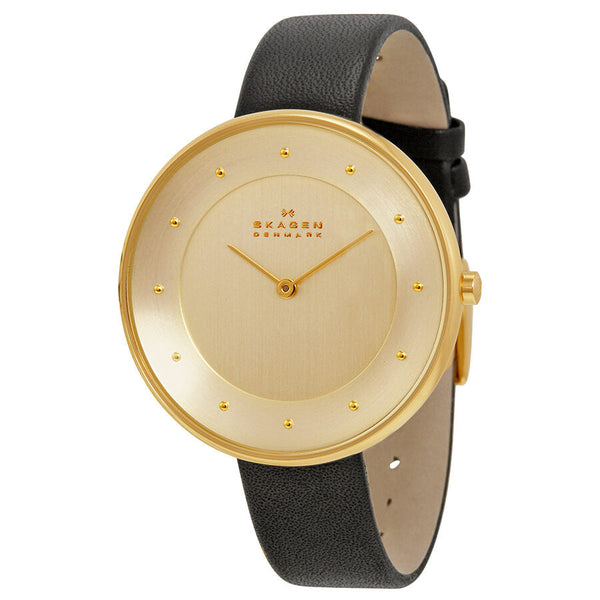 Skagen Ditte Gold Dial Black Leather Ladies Watch SKW2262 - The Watches Men & CO