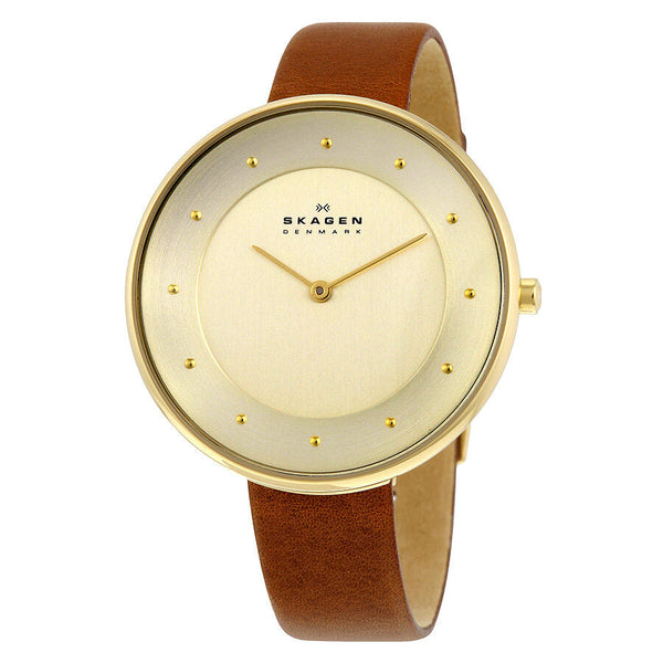 Skagen Gitte Champagne Dial Brown Leather Ladies Watch SKW2138 - The Watches Men & CO