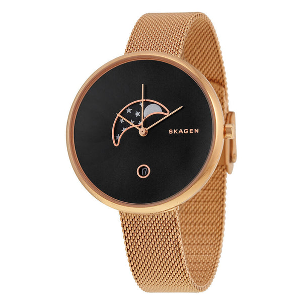 Skagen Gitte Moonphase Black Dial Rose Gold-tone Mesh Ladies Watch SKW2371 - The Watches Men & CO