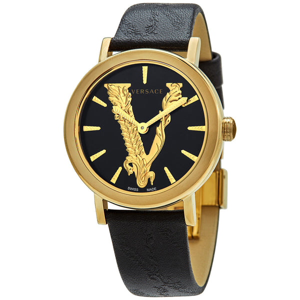 Versace Virtus Quartz Black Dial Black Leather Ladies Watch VEHC00119 - The Watches Men & CO